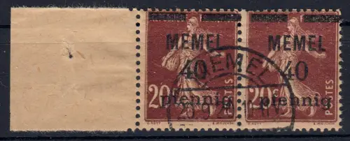 Memel 22a im Paar 40 Pf. auf 20 C, GC-Papier, gestempelt O mit Attestkopie
