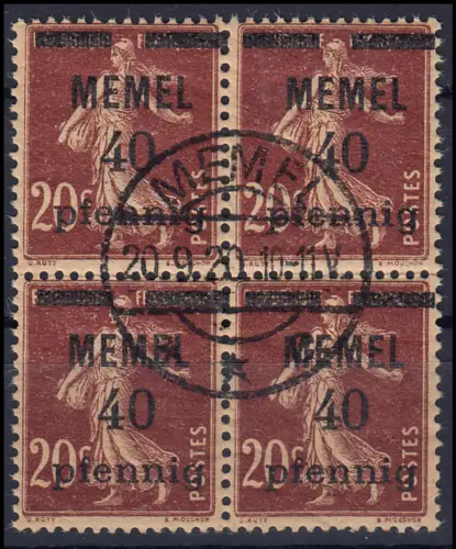 Memel 22a im Viererblock 40 Pf auf 20 C, GC-Papier, gestempelt O mit Attestkopie