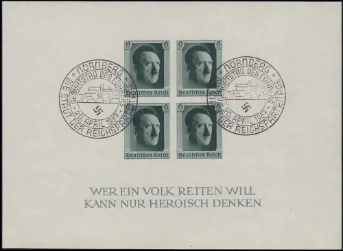 Block 8 Hitler, UNGEZÄHNT, Sonderstempel SST Geburtstag Nürnberg 20.4.37