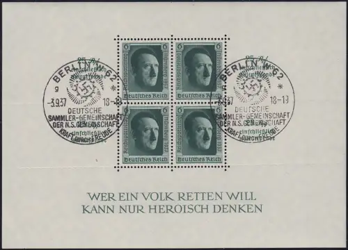 Block 11 Reichsparteitag Ersttagssonderstempel ESSt Berlin 3.9.37