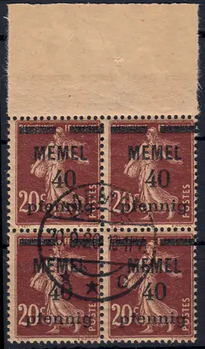 Memel 22a im Viererblock 40 Pf. auf 20 C, GC-Papier gestempelt O mit Attestkopie