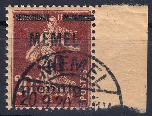 Memel 22a Aufdruck 40 Pf. auf 20 C, GC-Papier, gestempelt O mit Attestkopie