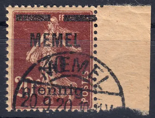 Memel 22a Aufdruck 40 Pf. auf 20 C, GC-Papier, gestempelt O mit Attestkopie