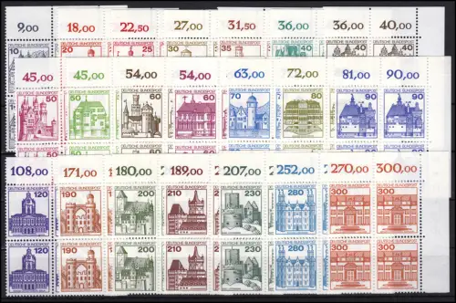913 ff Burgen und Schlösser 21 Werte, Satz Eckrand-Viererblöcke oben rechts, **