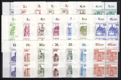 913 ff Burgen und Schlösser 21 Werte, Satz Eckrand-Viererblöcke oben links, **