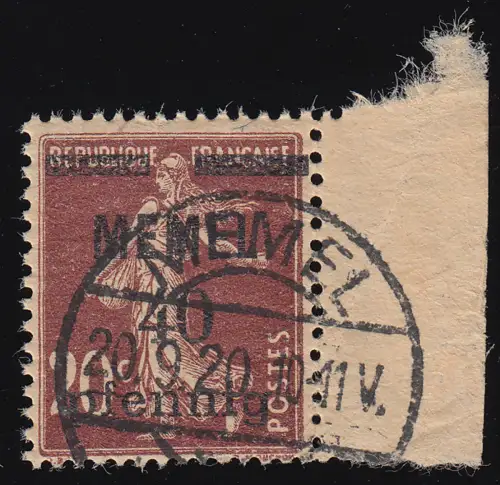 Memel 22a Aufdruck 40 Pf. auf 20 C, GC-Papier, gestempelt O mit Attestkopie