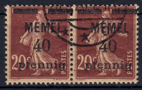 Memel 22a im Paar 40 Pf. auf 20 C, GC-Papier, gestempelt O mit Attestkopie