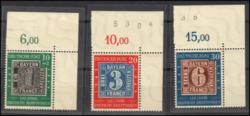 113-115 Briefmarken 1949, kpl. Satz Eckrand oben rechts ungefaltet postfrisch **