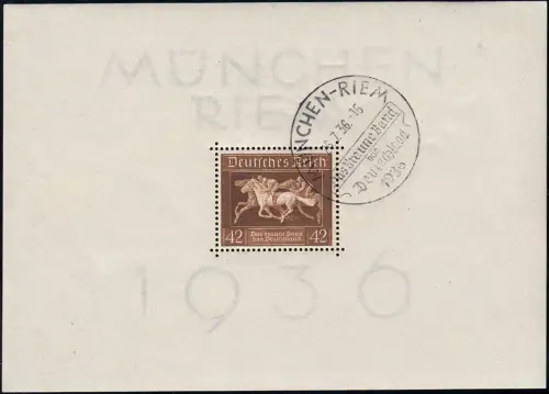 Block 4 Das Braune Band, Sonderstempel SSt München Riem Rennplatz 26.7.36