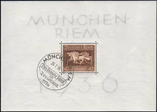 Block 4 Das Braune Band, Sonderstempel SSt München Riem Rennplatz 26.7.36