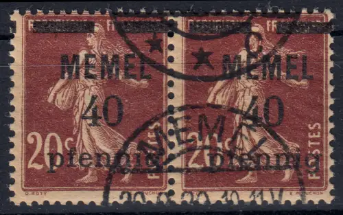 Memel 22a im Paar 40 Pf. auf 20 C, GC-Papier, gestempelt O mit Attestkopie