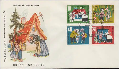 369-372 Wohlfahrt 1961 Märchen Hänsel und Gretel Satz Schmuck-FDC BONN 2.10.61