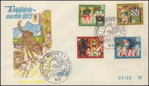 408-411 Wofa Der Wolf und die sieben Geißlein auf FIDACOS-FDC ESSt BONN 23.9.63