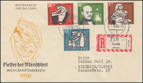 243-246  Wofa Kinderpflege 1956 - Satz auf Schmuck-R-FDC Lorch 1.10.56