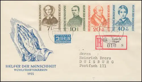 222-225 Wohlfahrt 1955 Helfer der Menscheit auf Schmuck-R-FDC Lorch 15.11.55