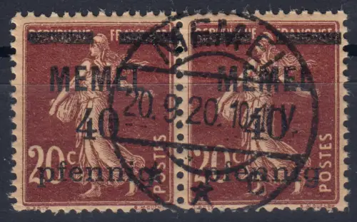 Memel 22a im Paar 40 Pf. auf 20 C, GC-Papier, gestempelt O mit Attestkopie