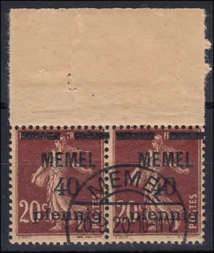 Memel 22a im Paar 40 Pf. auf 20 C, GC-Papier, gestempelt O mit Attestkopie