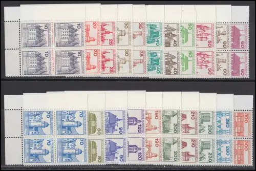 913 ff Burgen und Schlösser 21 Werte, Satz Eckrand-Viererblöcke unten links, **