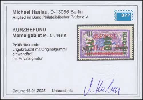 Memel 165 K kopfstehender grüner Aufdruck, Befund Haslau * einwandfrei