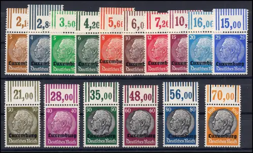 Luxemburg 1-16 Hindenburg, 16 Werte komplett, Satz Oberrand ungefaltet **