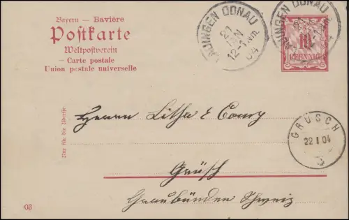 Postkarte P 67/01 Ziffer mit DV 03, LAUINGEN DONAU 21.1.1904 nach GRÜSCH 22.1.04