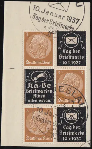 513 Hindenburg 6er-Block mit Überdruck Tag der Marke / KaBe, SST Breslau 1937