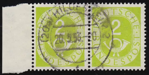 123 Posthorn 2 Pf waagerechtes Paar ungefaltet, lesbar zeitgerecht gestempelt O