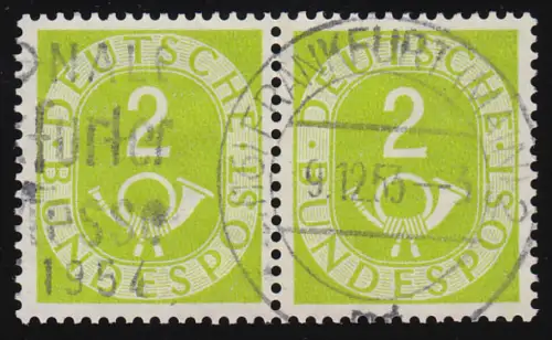 123 Posthorn 2 Pf waagerechtes Paar ungefaltet, lesbar zeitgerecht gestempelt O