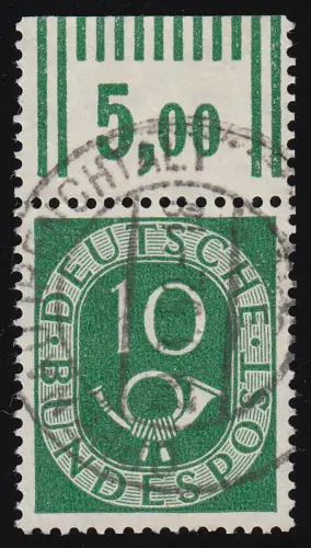 128 Posthorn 10 Pf Oberrand ungefaltet, lesbar zeitgerecht gestempelt O