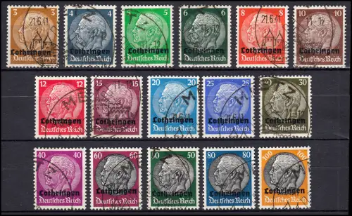 Lothringen 1-16 Hindenburg, 16 Werte komplett, Satz gestempelt O