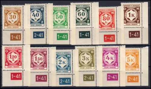 Böhmen und Mähren: 1-12 Dienstmarken mit Plattennummer, ungefaltet, **