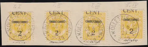 176 I-IV Freimarke Memel 2 Cent auf 20 Mark, alle Typen I - IV auf Briefstück
