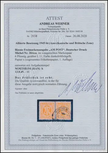 20Axa AM-Post 6 Pf. seltene Erstauflage, Paar gestempelt, FA Wehner BPP