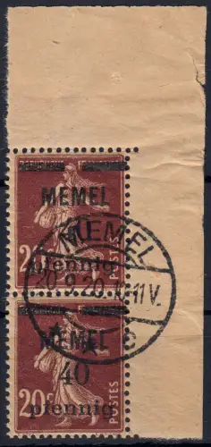 Memel 22a im Paar 40 Pf. auf 20 C, GC-Papier, gestempelt O mit Attestkopie