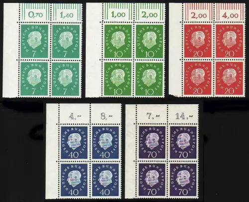 302-306 Heuss 5 Werte, ER-Viererblock o.l., Satz postfrisch **