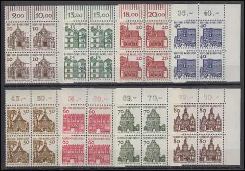454-461 Bauten 8 Werte, Eckrand-Viererblock oben rechts, Satz postfrisch **