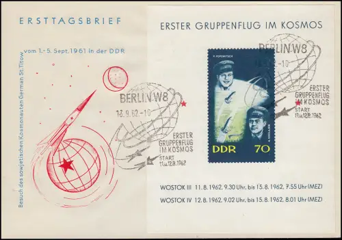 Block 17 Erster Gruppenflug Wostok 3 / Wostok 4, Schmuck-FDC ESSt BERLIN 1962