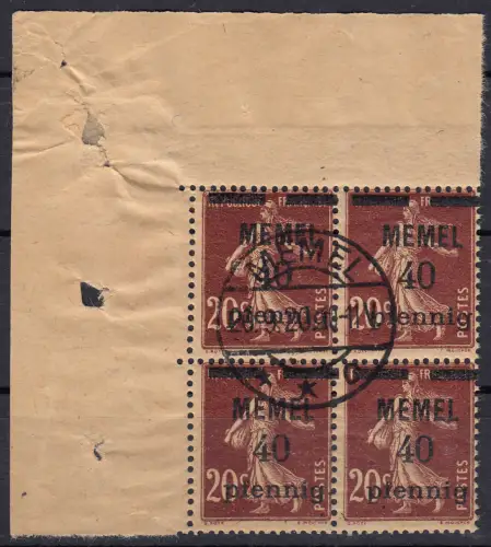Memel 22a im Viererblock 40 Pf. auf 20 C, GC-Papier, gestempelt O mit Attestkopie