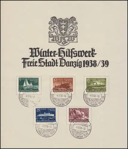 Danzig 284-288 Winterhilfswerk 1938, Schiffe 5 Werte kompl. Satz Gedenkblatt