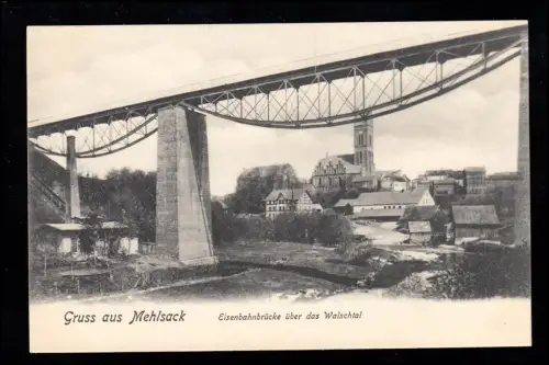 AK Gruss aus Mehlsack: Eisenbahnbrücke über das Walschtal, um 1910, ungebraucht