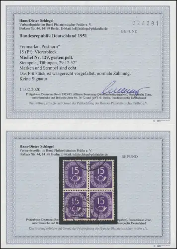 129 Posthorn 15 Pf im Viererblock gestempelt O, Befund Schlegel BPP