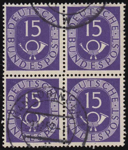129 Posthorn 15 Pf im Viererblock gestempelt O, Befund Schlegel BPP