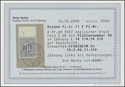 11 C Pl.Nr. 4 Pf. mit Plattennummer 5B auf Briefstück, Befund Hettler BPP