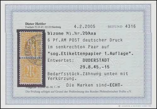 20Axa AM-Post 6 Pf. seltene Erstauflage, Paar gestempelt, Befund Hettler BPP