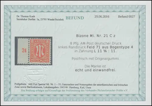 21Cz AM-Post 8 Pf seltene Zähnungsvariante, Feld 71, ** Befund Koch VP