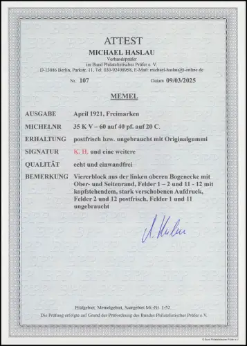 35 K V Eck-Vbl mit kopfstehendem (K) und verschobenem (V) Aufdruck, FA HaslauBPP