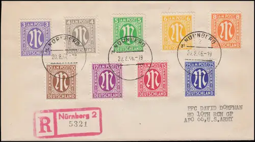 1-9 AM-Post amerik. Druck Satz-Brief Not-R-O, aptierter Stempel NÜRNBERG 1946 