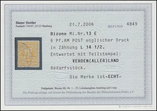 13 E AM-Post 6 Pf. seltene Zähnung, gestempelt, Befund Hettler BPP