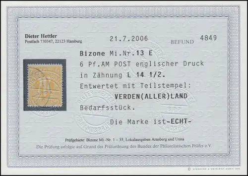 13 E AM-Post 6 Pf. seltene Zähnung, gestempelt, Befund Hettler BPP