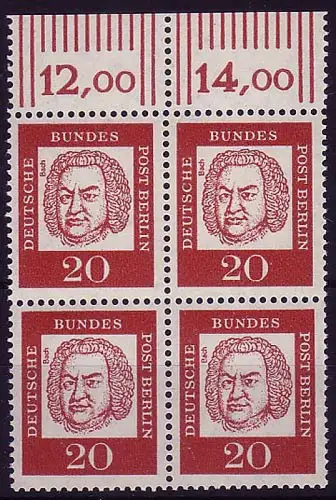 204 Bed. Deutsche 20 Pf OR-Viererbl. ** postfrisch